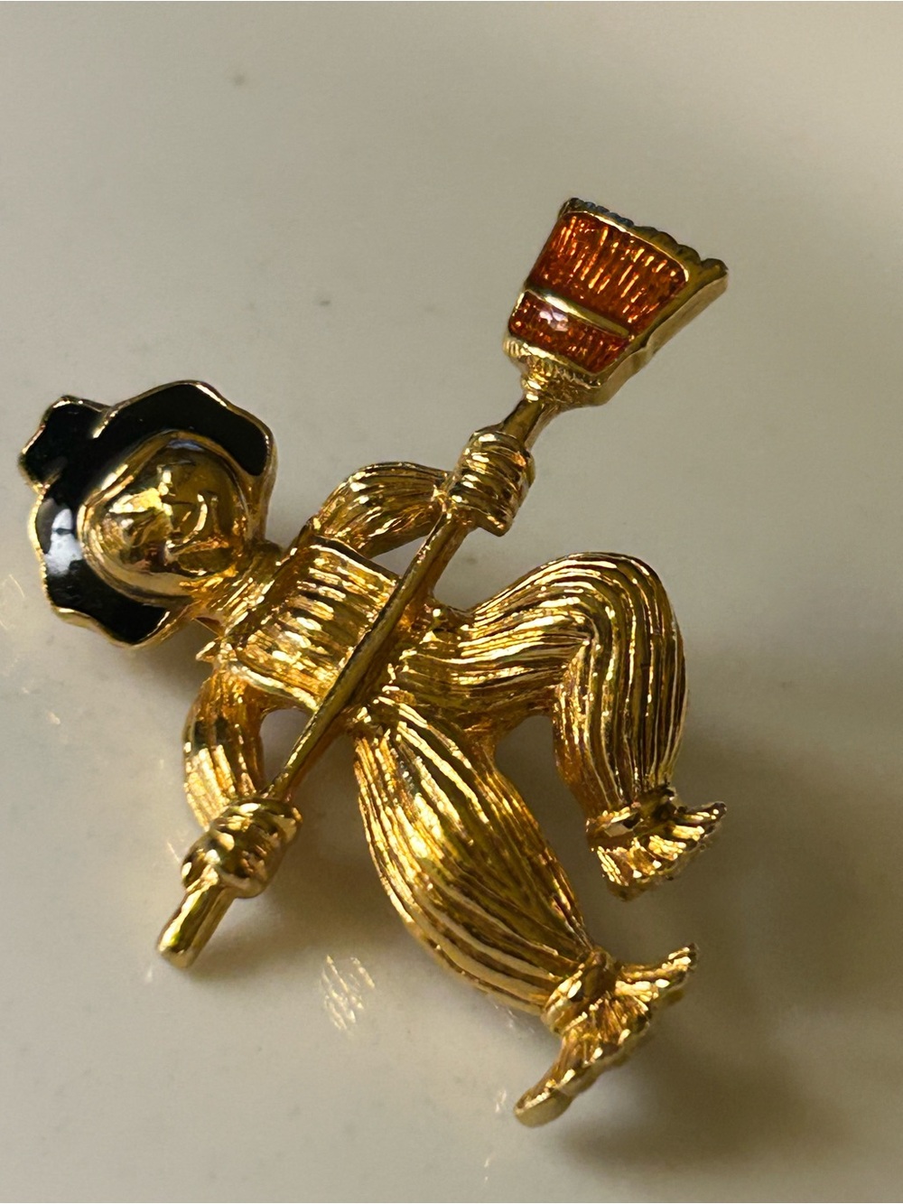 Gold-Tone Farmer with Broom Brooch - Women Jewelry Scarecrow enamel pin
